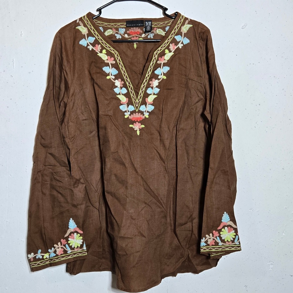 Apostrophe 100% Linen Embroidered V-Neck Tunic Top XL Boho Cottage Coastal